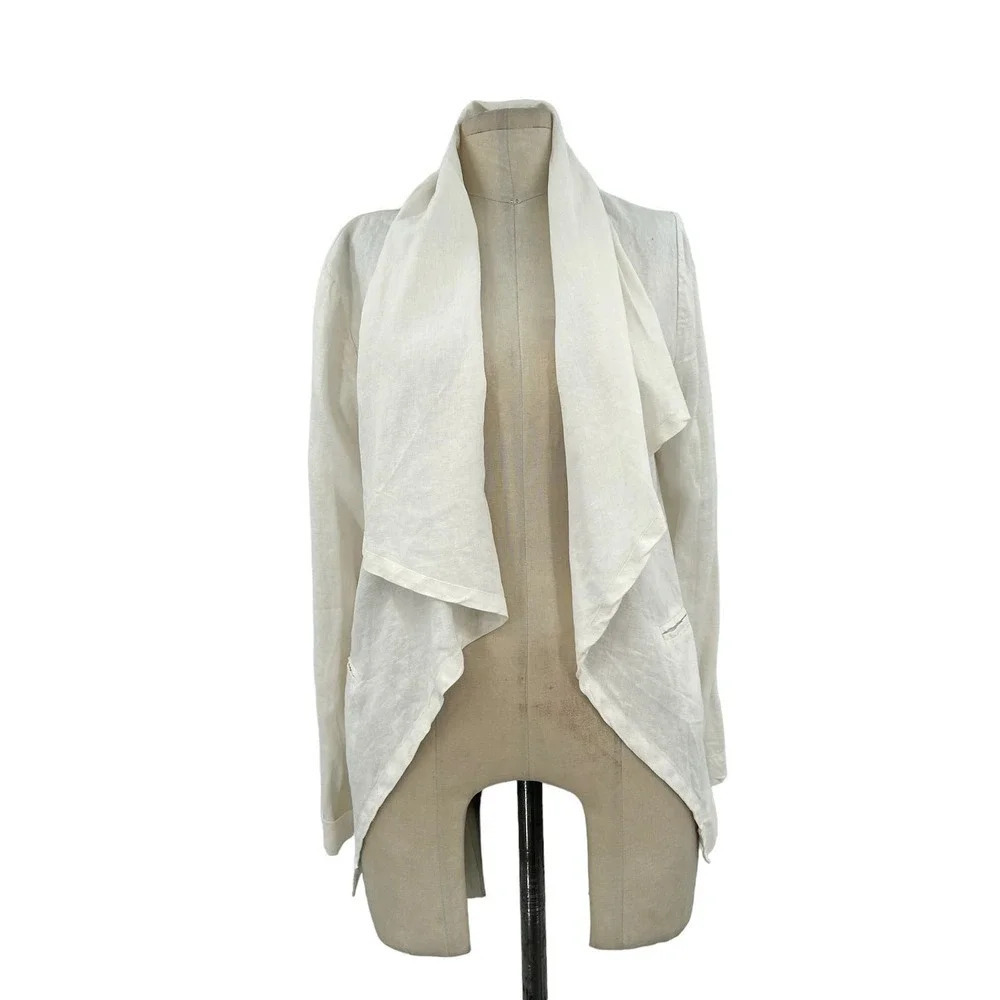 Brochu Walker White Tencel Linen Open Front Waterfall Blazer Jacket Size Medium